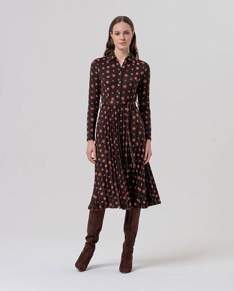Vestido punto midi plisada estampado rosetones Surkana marrón