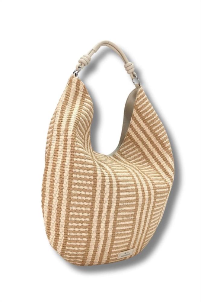 Bolso gondola bicolor combinado rayas Martina K 24547 beige y arena ladeado