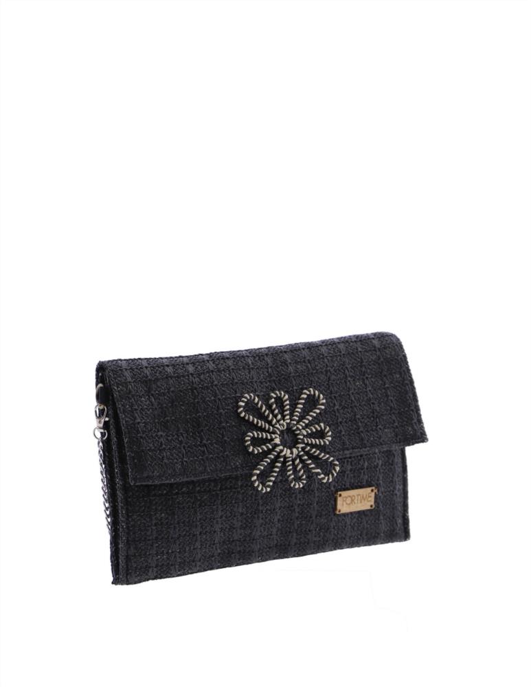 Bolso cartera pajilla con flor Fortime negro ladeada