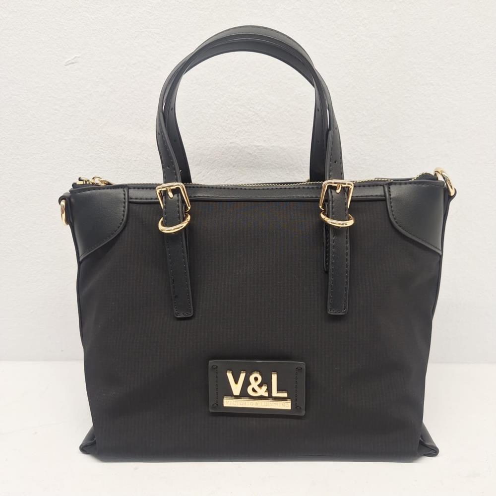 Bolso paquetero nylon rayado V&L negro