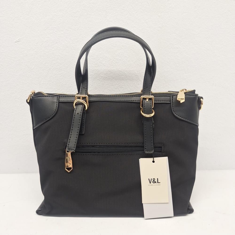 Bolso paquetero nylon rayado V&L negro trasera