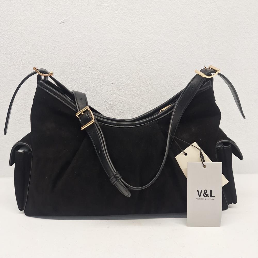 Bolso bandolera agondolado serraje V&L negro trasera