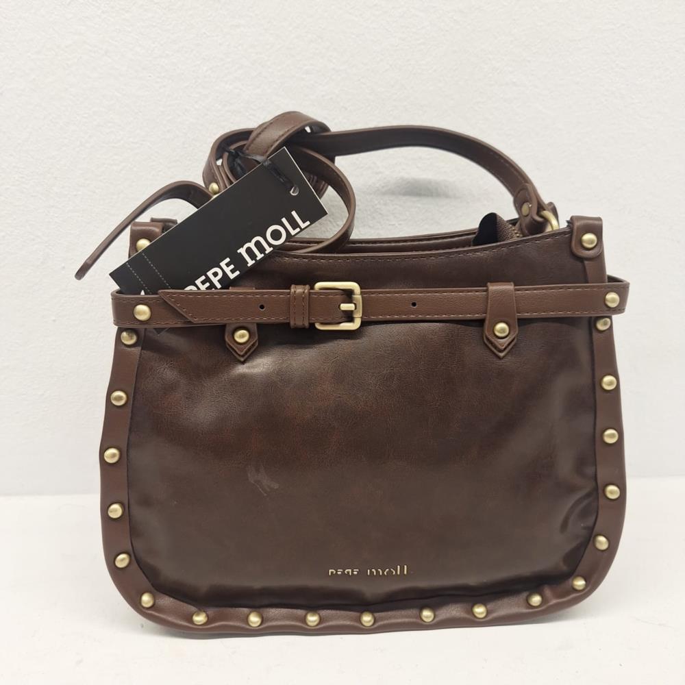 Bolso bandolera con cremallera tachas Pepe Moll Cynthia marron