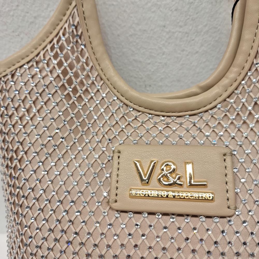 Bolso evento malla strass V&L VL770 beige detalle