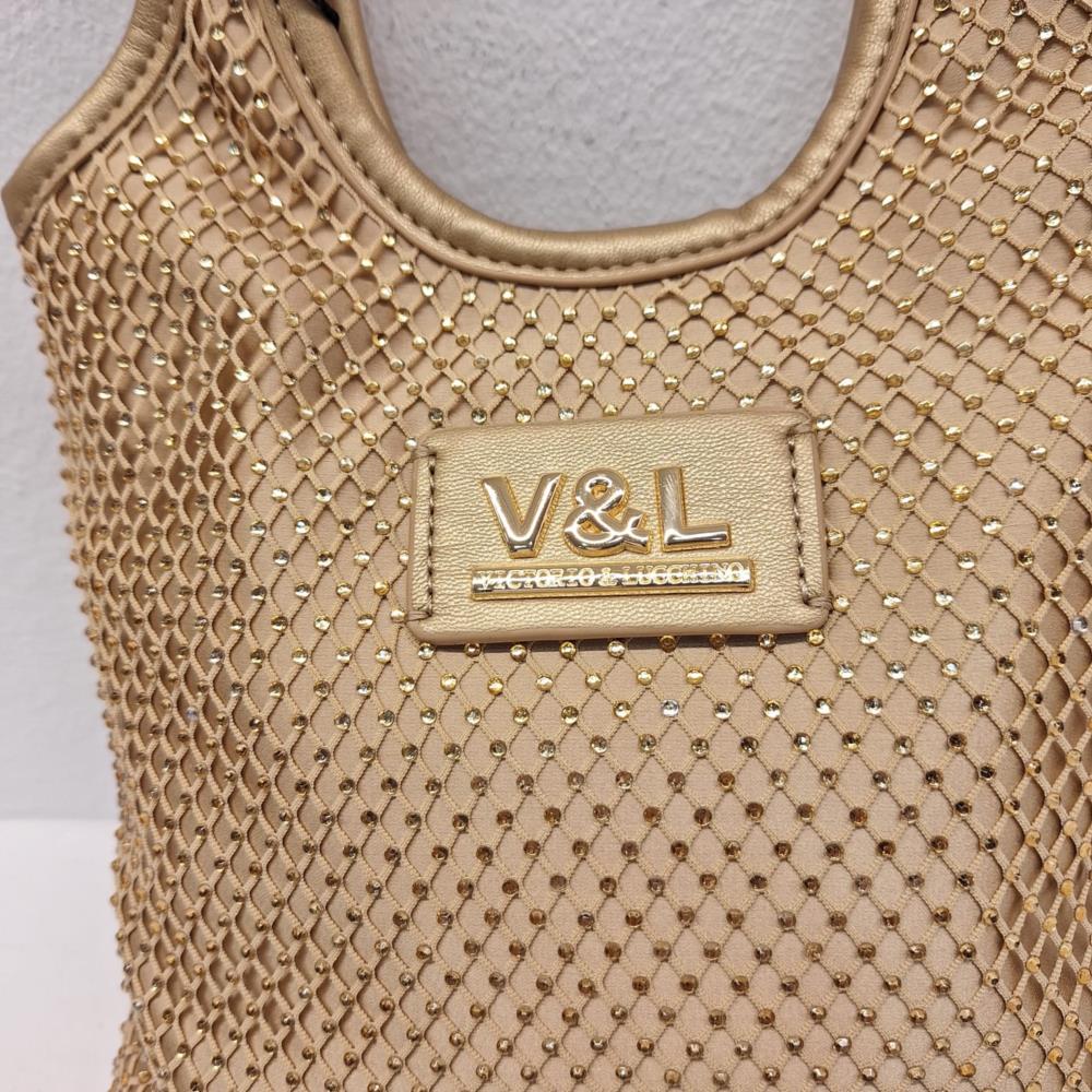 Bolso evento malla strass V&L VL770 oro detalle