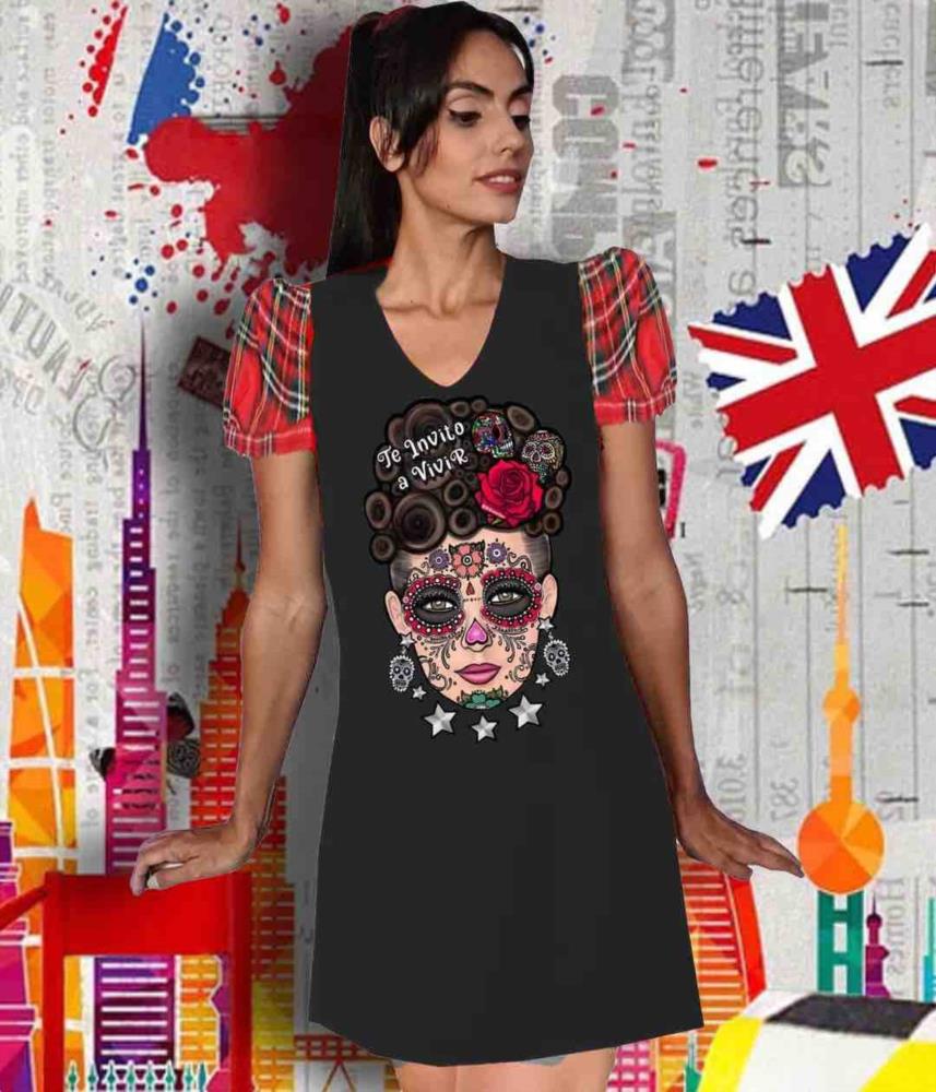 Vestido mangas cuadros Katrina negro Bikatelier cerca