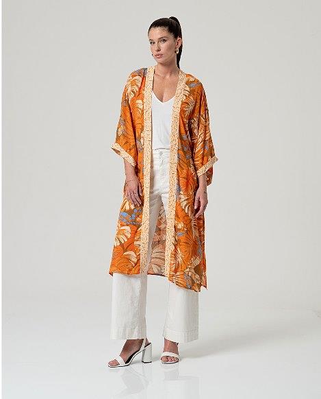 Kimono fluido con cinturón Surkana KAKI921 naranja y camel