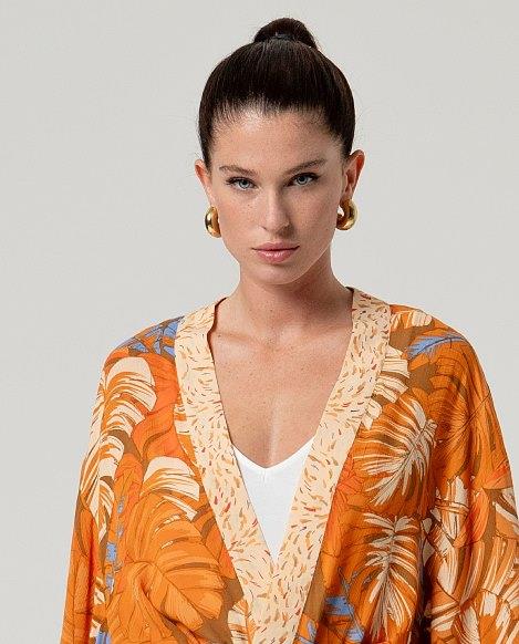 Kimono fluido con cinturón Surkana KAKI921 naranja y camel detalle