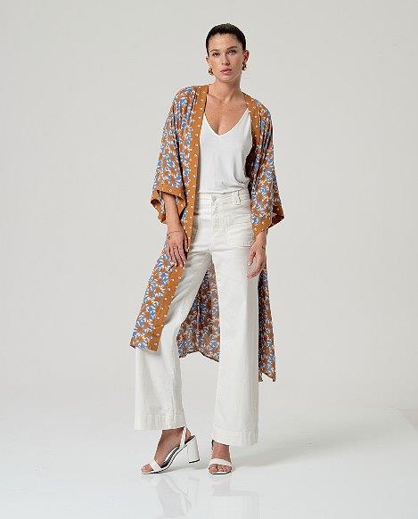 Kimono fluido con cinturón Surkana KAKI921 azul con camel