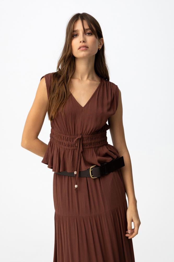 Blusa bambula pico Tiffosi Camponesa marrón lejos