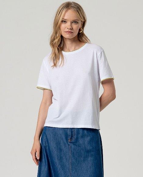 Camiseta manga corta festón Surkana INCA016 blanco y beige