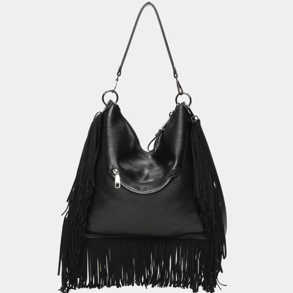 Bolso gondola con flecos Binnari Kate negro trasera