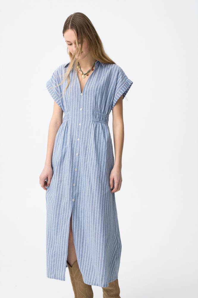 Vestido rayas con botones Tiffosi Camomila celeste y blanco