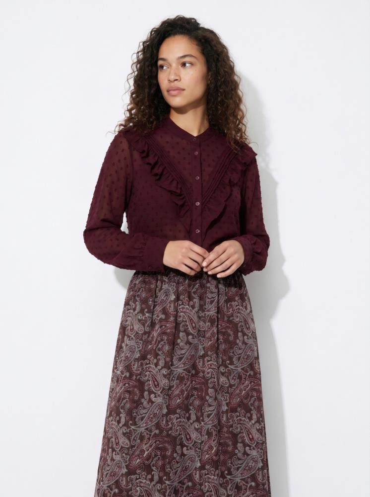 Camisa plumetti pico y lorzas Tiffosi Grato berenjena frontal