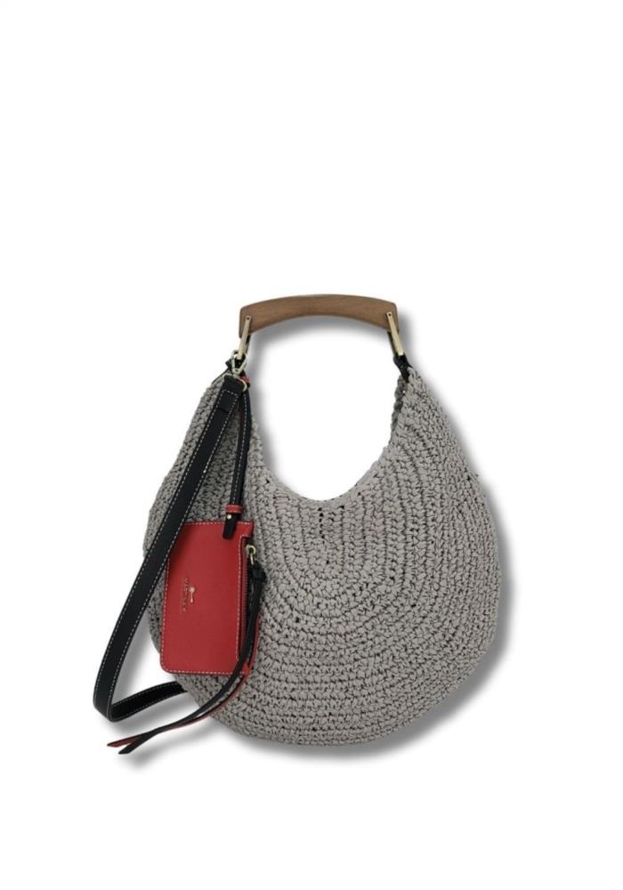 Bolso circular pajilla con asa madera Martina K 25290 gris