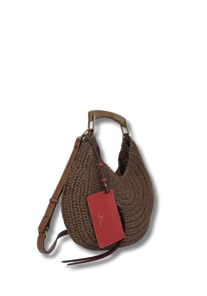 Bolso circular pajilla con asa madera Martina K 25290 marrón lateral