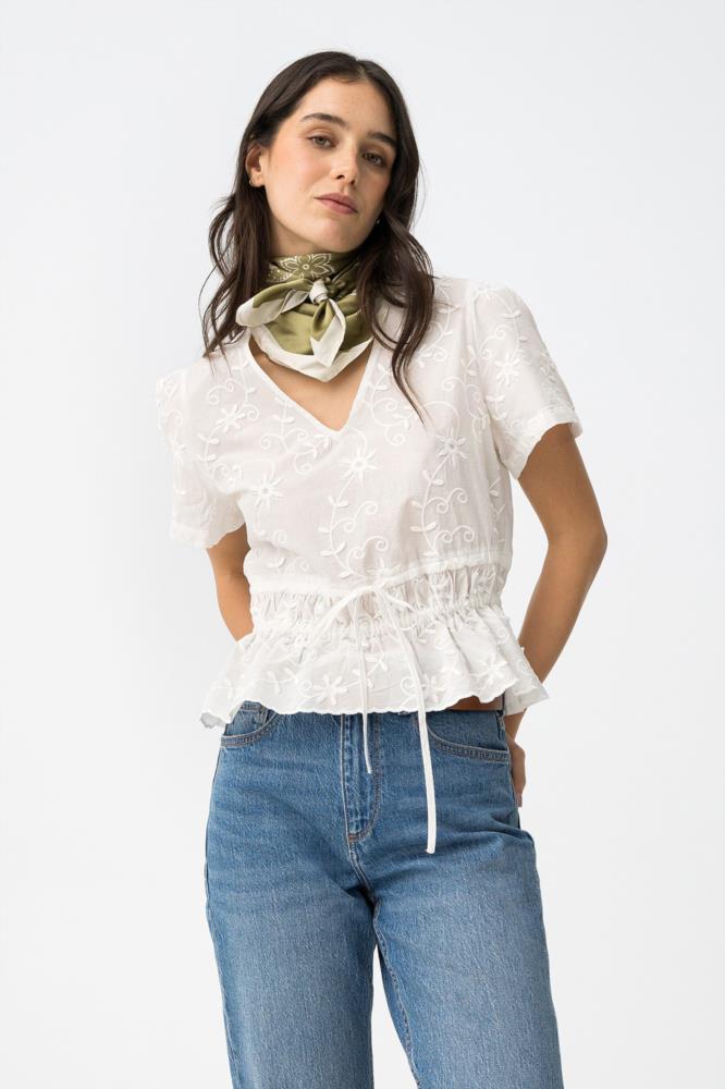 Blusa bordado flores con goma y cinta Tiffosi Indalina crudo