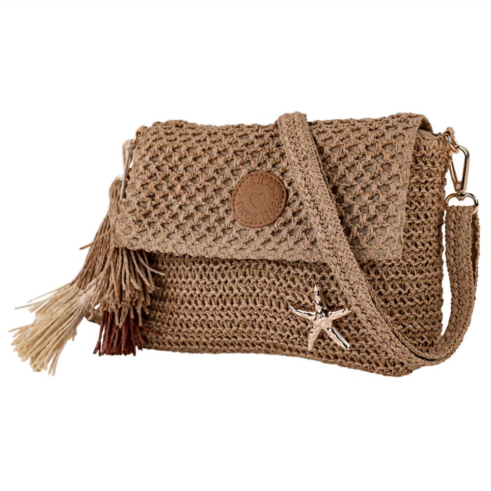 Bolso pajilla bandolera con tapa borlas y estrella Lois 602401