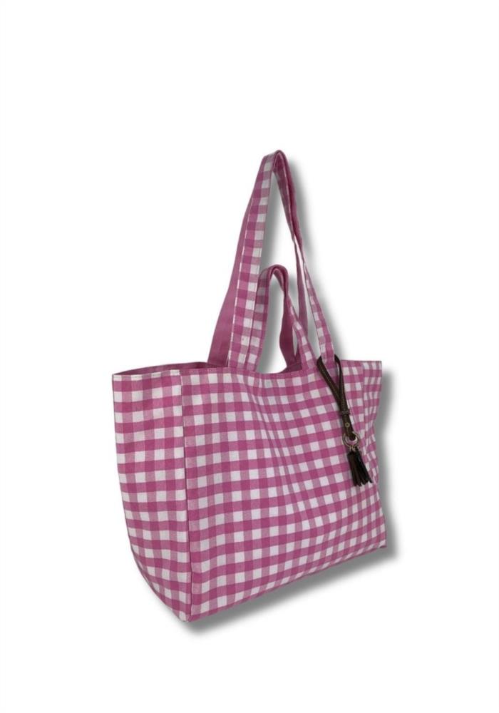 Bolsa lona playa cuadros vichy Martina K rosa lateral