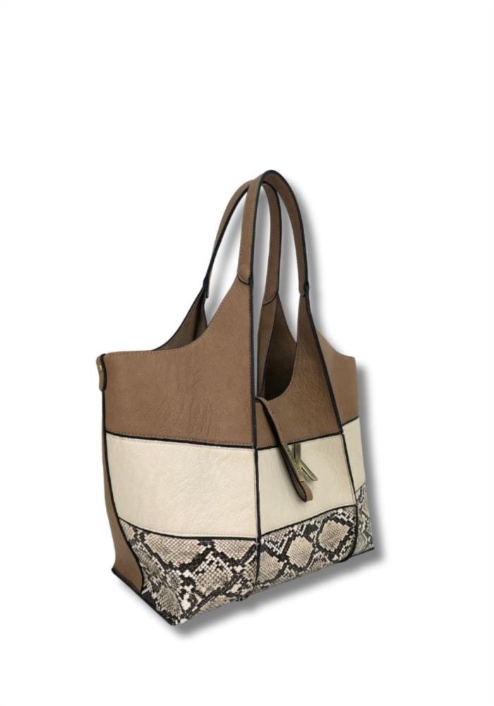 Bolso paquetero tribanda Martina K camel lateral