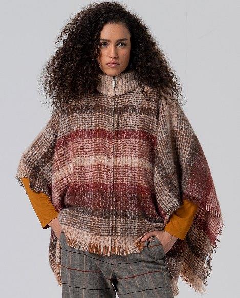 Poncho cuello con cremallera cuadros Surkana Poba beige y teja