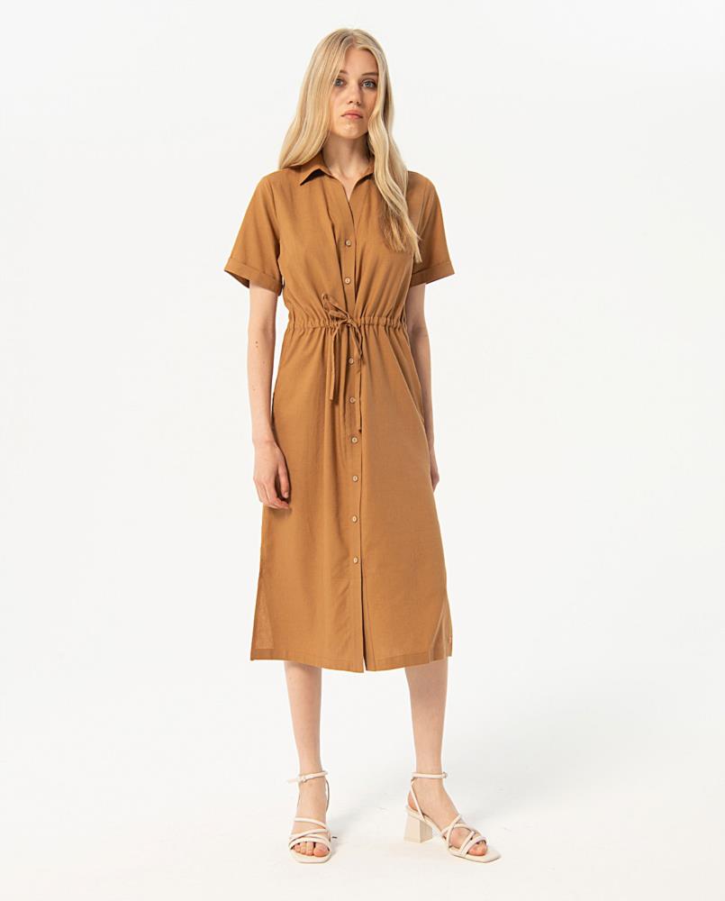 Vestido camisero con jareta lino Surkana Naki camel