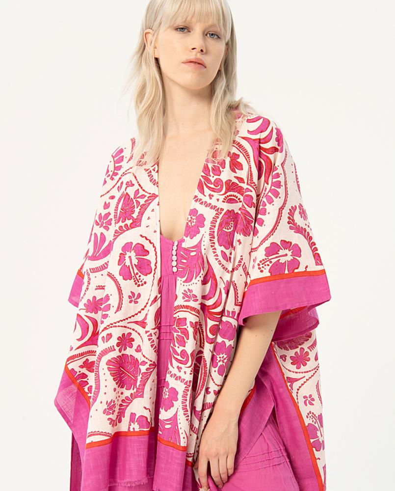 Kimono corto estampado Surkana Poly fuxia detalle