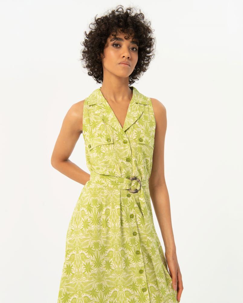 Vestido sisa botones estampado palmeras Surkana Tiku detalle
