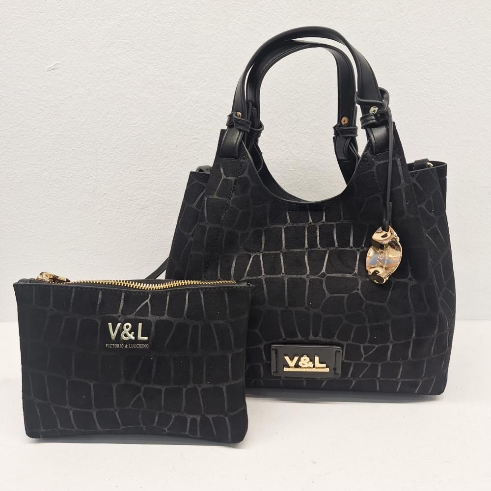 Bolso paquetero coco antelina V&L negro