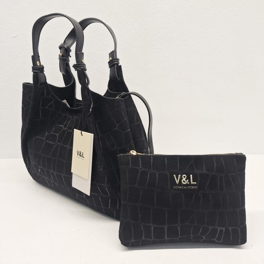 Bolso paquetero coco antelina V&L negro trasera